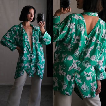 Vintage 80s TRAMWAY PARIS Green & Ivory Floral Blazer Styled Blouse w/ Open Back | Made in France | 100% Viscose | 1980s French Designer Top 