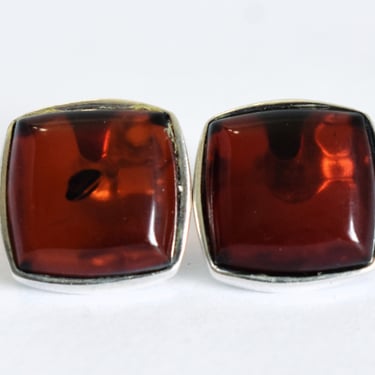 Minimalist 60's red amber sterling rounded square studs, mid-century 925 silver Baltic amber post earrings 