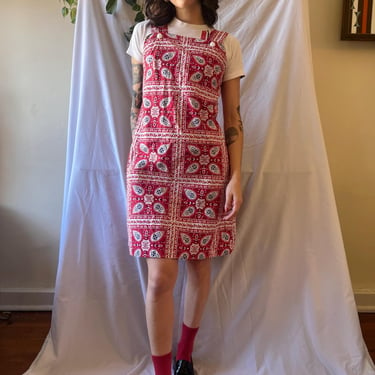 1960s Tunic Dress / Red Bandana Paisley Print / Cotton Sixties Dress 