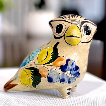 VINTAGE: Tonala Mexican Pottery Owl Animal Figurine - Folk Art - Mexico Ceramic - Signed 