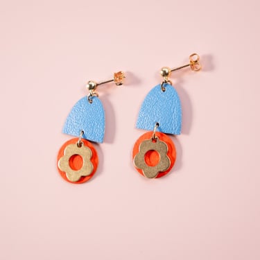 Mini Blue + Red Arch Studs w/ Brass Daisies - Made with Reclaimed Leather 