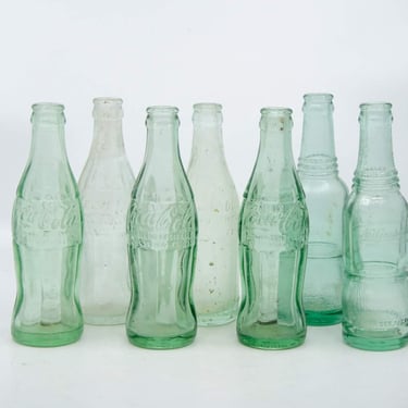 Group of 7 Coca Cola and Nu Grape Green Glass Bottles 