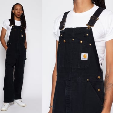 38x30 90s Carhartt Made In USA Black Insulated Overalls | Vintage Quilt Lined Workwear Jumpsuit 