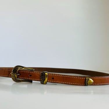 Vintage 90s Handmade Brown Genuine Leather Skinny Brass Buckle Belt - M 