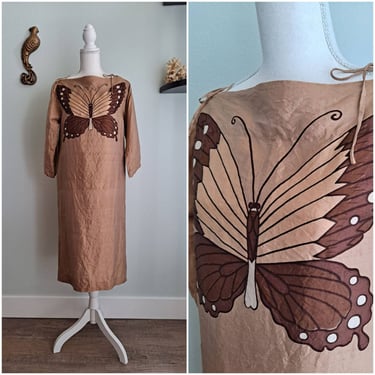 Vintage Late 1960's Early 1970's RARE Slub Silk Butterfly Hippie  Tunic Kaftan Caftan Dress S/M 