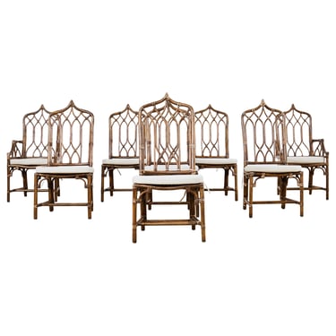 Set of Eight McGuire High Back Rattan Cathedral Dining Chairs