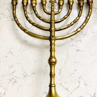 Large Brass Patina Menorah Candle Holder - Approx 12" Vintage Solid Brass Menorah with Star of David by LeChalet
