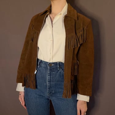 Vintage Brown Suede Fringe Zip Jacket ( S/M)