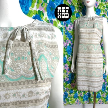 Pretty Vintage 60s Pastel Mint Green, White & Beige Paisley Sleeveless Dress 
