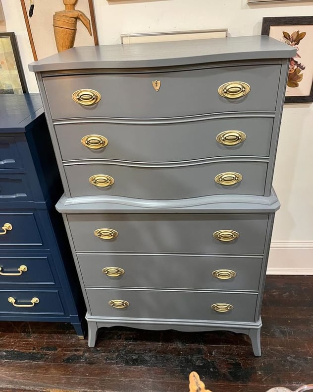 Gray painted 6 drawer tall chest. 32.5” x 20.5” x 54.5” 