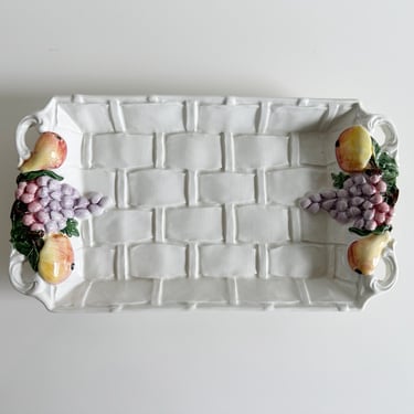 Capodimonte Basketweave Fruit Themed White Woven Serving Tray Vintage Italy 1960s 