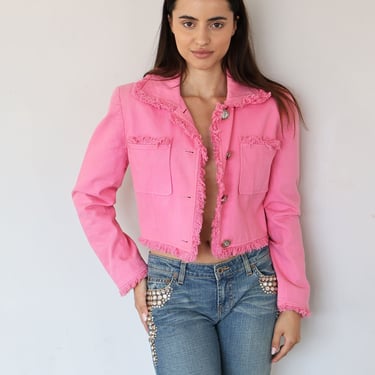 Vintage EMANUEL UNGARO Hot Pink Denim Jacket with Frayed Trim + Pockets + Coins Buttons sz FR 40 8 S M Jean Y2K 