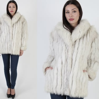 80s SAGA Arctic Blue Fox Coat Natural Fur Shawl Collar Corded Jacket Sz M 