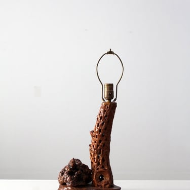 mid century burl wood table lamp, live edge wood lighting 