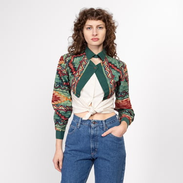 XS 90s Roper Keyhole Western Shirt | Vintage White Green Southwestern Print Long Sleeve Button Up Top 