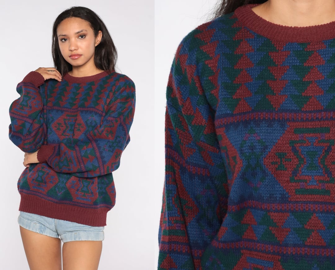 Geometric Sweater 90s Knit Pullover Red Blue Green Grunge