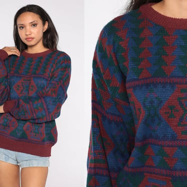Geometric Sweater 90s Knit Pullover Red Blue Green Grunge Slouchy Diamond Print Jacquard 80s Statement Knit Vintage Knitwear Large L 