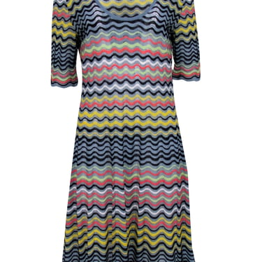Missoni - Blue Knit Dress w/ Multicolor Metallic Wave Pattern Sz 12