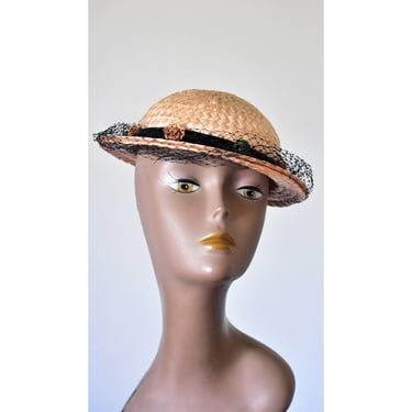 Ingrid 1930s straw hat netting, topper hat, flowers, 30s bowler hat, vintage hat 