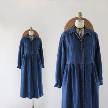 denim maxi dress - m - vintage 90s long sleeve blue jean casual simple full skirt long dress medium minimal pockets shirtdress 