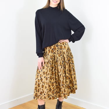 Vintage 1990s Norma Kamali Leopard Print Skirt | XS/S | 90s Cotton Full Midi Skirt Animal Print 