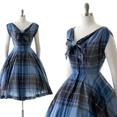 Vintage 1950s Shirt Dress | 50s Plaid Tartan Cotton Blue Tie Neck Button Up Fit and Flare Full Skirt Fall Shirtwaist Day Dress (small) 