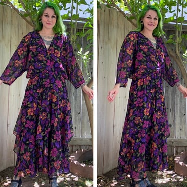 Vintage 1980’s Dark Floral Chiffon Dress with Drop Waist 