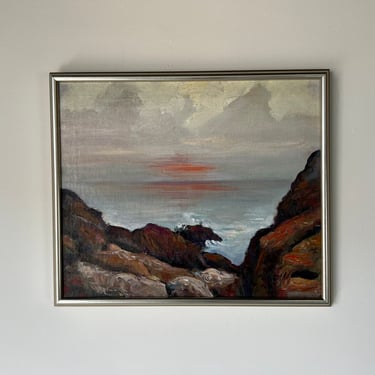 1960's Vintage Impressionist Sunset Ocean Seascape Oil Painting, Framed 