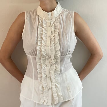 Y2K silk sleeveless blouse / vintage creamy white semi sheer silk + cotton ruffle front high collar empire sleeveless blouse | Medium 