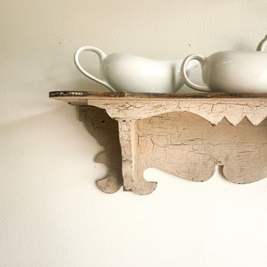 Curvy Ornate Small Wooden Shelf Crackled Chippy Paint Scrolly Single Wall Shelf Cottagecore Style Bathroom Kitchen Cream Off White Shabby 