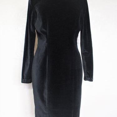 Laura Ashley Velvet Dress, Vintage 1980s, Black Velvet Sheath Dress, Medium Women, Bead Trim 