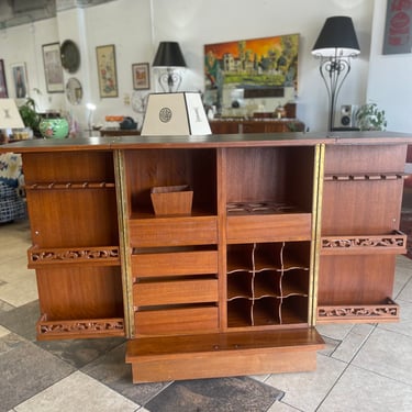 Vintage Teak Spanish Revival Flip Top Expandable Bar Cabinet