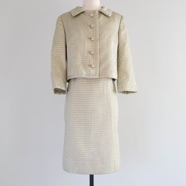Elegant 1960's Metallic Brocade Dress & Jacket By Hannah Troy / Large
