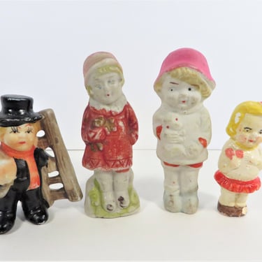 Vintage Bisque and Chalkware Dolls and Bisque Chimney Sweep Figurine - Made in Japan Bisque Dolls 