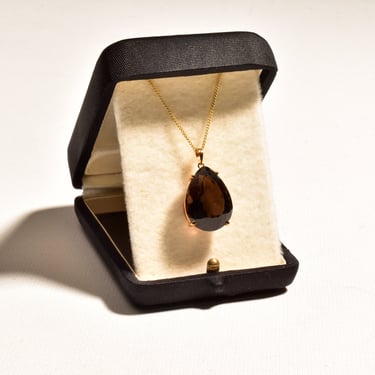 Estate 18K Smoky Quartz Teardrop Necklace In Yellow Gold, Pear-Cut, Solitaire Pendant, 1mm Gold Chain, 16