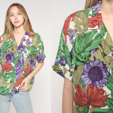90s Floral Blouse Wildflower Purple Burnt Orange Short Sleeve Shirt Boho Button Up Top Flower Print Bohemian Vintage Extra Large xl 