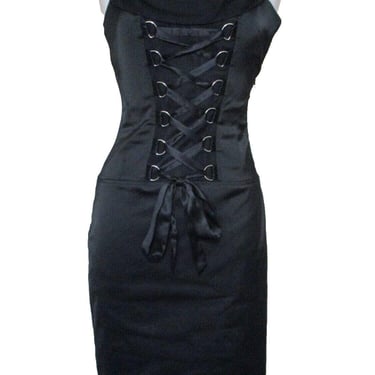 Corset Dress, Vintage ABS Evening Allen Schwartz, Size 4 Women, Black Satin, Bodycon 