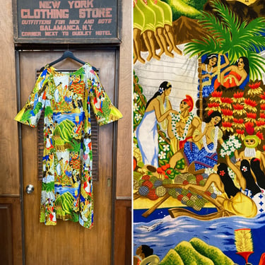 Vintage 1960’s Waltah Clarke” Eugene Savage Natives Hawaiian Tiki Dress, Vintage 1960’s Dress, Tiki Dress, Novelty Print, Hula Girl, 