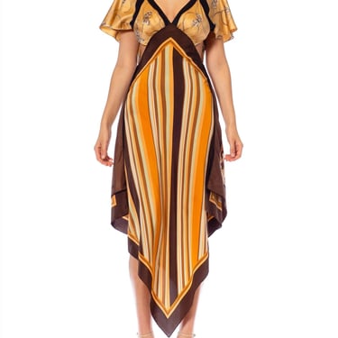 Morphew Collection Brown, Orange  Cream Silk Stripe Butterfly 3-Scarf Dress Made From Vintage Scarf 