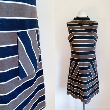 Vintage 1960-70s Brown Striped Knit Dress / M 