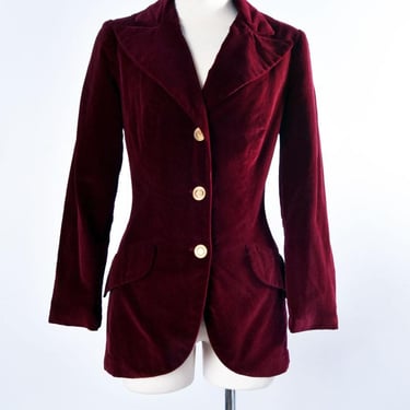 Red Velvet Fitted Vintage Jacket 1970's RHODES, Ossie Clark, Biba Hippie Disco era, Suit Equestrian Riding Jacket Coat 1960's, Old Money 