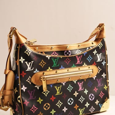 Louis Vuitton x Takashi Murakami Vintage Boulogne Shoulder Bag in Black Monogram Multicolor Vachetta Leather Crossbody LV Logo 