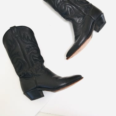 Amazing 90s Black Leather Boots Size 6 1/2 Cowboy Cowgirl High heel boots// 90s 00s Vintage Black High Heel boots 6 1/2 made in italy 
