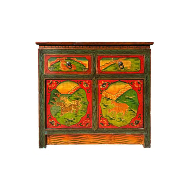 Vintage Oriental Tibetan Style Animal Graphic Credenza Side Table Cabinet ws4432E 