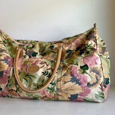 Vintage 90s Gitano Woodland Forest Floral Cotton Tapestry Weekender Duffle Bag 