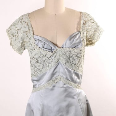 Early 1950s Pale Ice Blue Short Sleeve Sheer Lace Overlay Formal Dress by Montaldo’s -L 