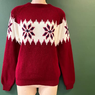 vintage ski sweater 1970s red and cream snowflake winter pullover unisex large 