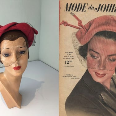Packed Full of Punches - Vintage 1940s 1950s Powerful Punch Pink Velour Sculpted Hat w/Netting 