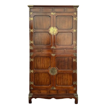 Asian Style Cabinet Armoire by Henredon Tansu - Vintage Dark Walnut Wood & Gold Brass Chinoiserie Campaign Chinese Large Storage Wardrobe 