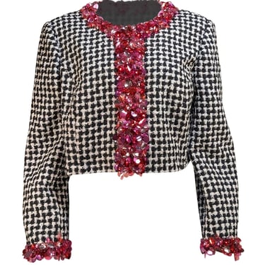 Carolina Herrera - Black & White Tweed Cropped Jacket w/ Sequin Trim Sz 14